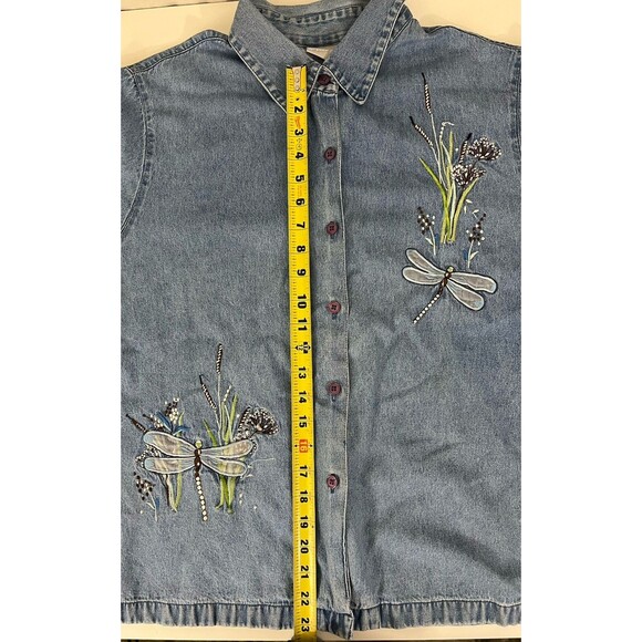 VTG BLAIR Denim Embroidered Floral Dragonfly Short Sleeve Button Up Shirt XL - Picture 6 of 8